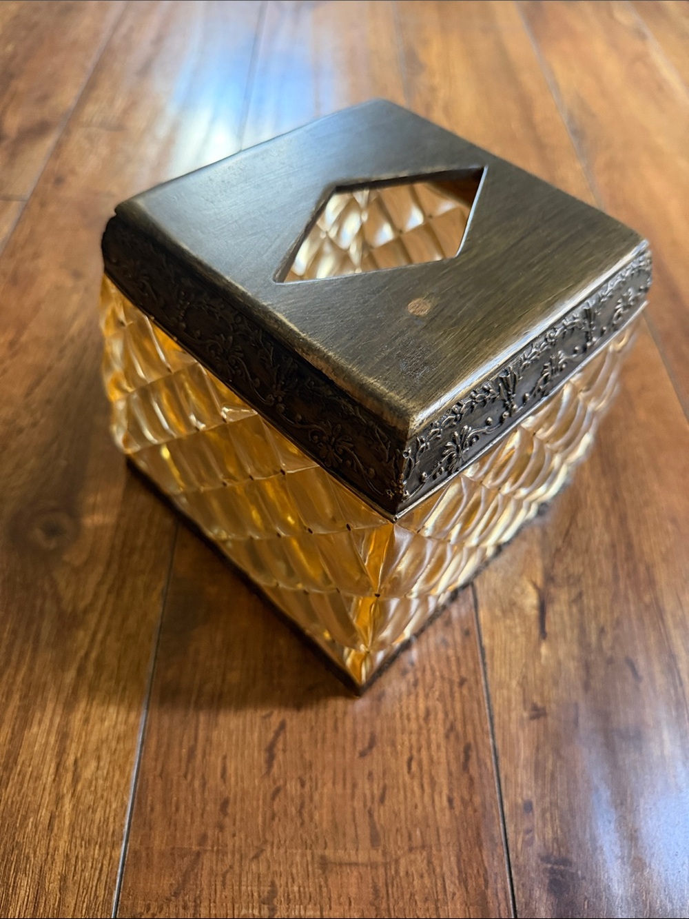 Vintage Amber Glass and Antique Gold Tone Tissue Box Cover